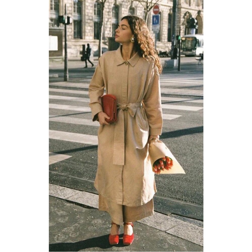 POSSE Ruth Long Trench Coat Linen Cotton Latte Tan Size M - Picture 1 of 9